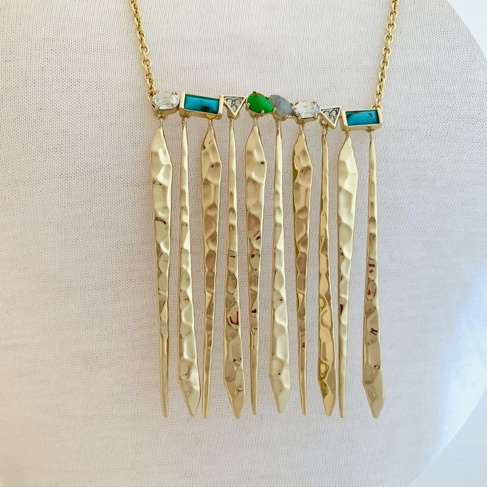 Alexis Bittar Gold Hammer Metal Fringe Gemstone Bar Turquoise Green Necklace - Picture 1 of 12